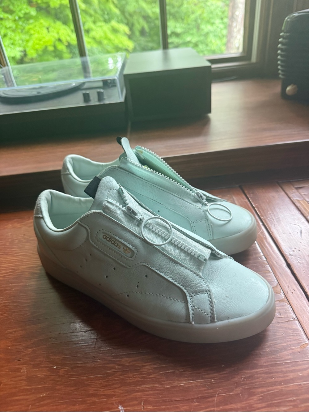 adidas pastel blue-green Zip-Front Leather Sneakers with lime green accent